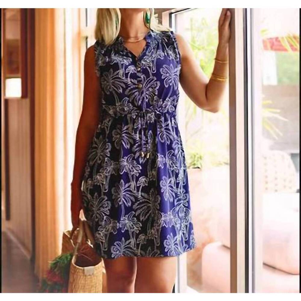 NEW LA MER LUXE women's drawn palm lilly dress in navy